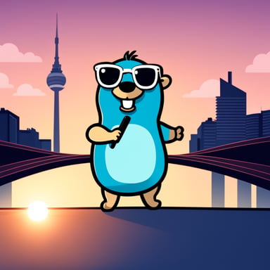 Go Blue Gopher, as a tourist in Berlin, Germany, takes a selfie in front of the TV Tower using a smartphone. Cartoon style.