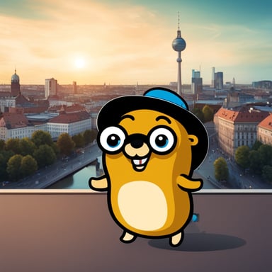 Go Blue Gopher, as a tourist in Berlin, Germany, takes a selfie in front of the TV Tower using a smartphone. Cartoon style.