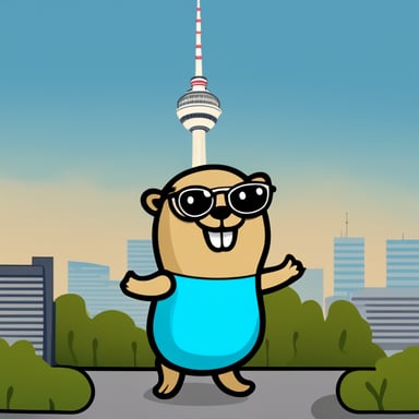 Go Blue Gopher, as a tourist in Berlin, Germany, takes a selfie in front of the TV Tower using a smartphone. Cartoon style.
