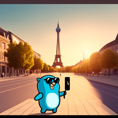 Go Blue Gopher, as a tourist in Berlin, Germany, takes a selfie in front of the TV Tower using a smartphone. Cartoon style.