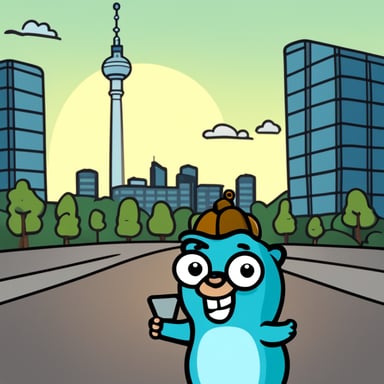 Go Blue Gopher takes a selfie in front of the TV Tower in Berlin, Germany, using a smartphone, in cartoon style.