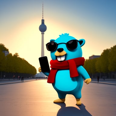 Go Blue Gopher takes a selfie in front of the TV Tower in Berlin, Germany, using a smartphone, in cartoon style.