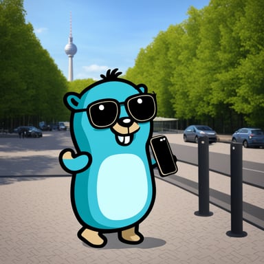 Go Blue Gopher takes a selfie in front of the TV Tower in Berlin, Germany, using a smartphone, in cartoon style.