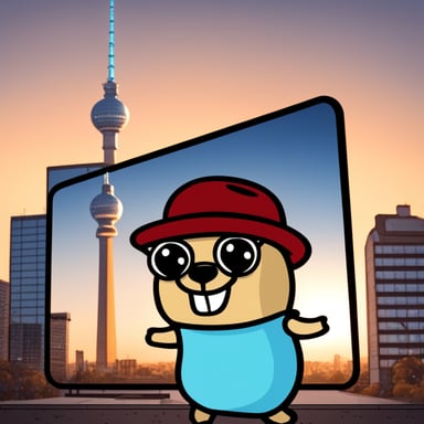 Go Blue Gopher takes a selfie in front of the TV Tower in Berlin, Germany, using a smartphone, in cartoon style.