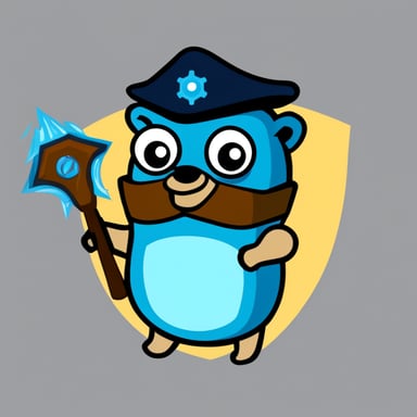 Go Blue Gopher, battle-hardened, wielding the Kubernetes logo as a shield.