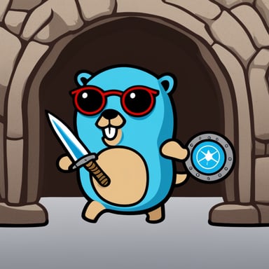 Go Blue Gopher, battle-hardened, wielding the Kubernetes logo as a shield.