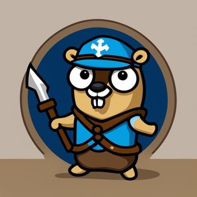 Go Blue Gopher, battle-hardened, wielding the Kubernetes logo as a shield.