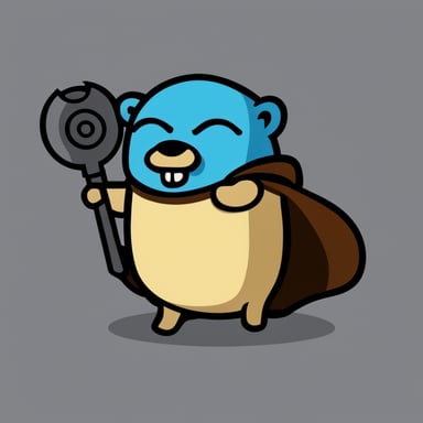 Go Blue Gopher, battle-hardened, wields the Kubernetes logo as a shield.