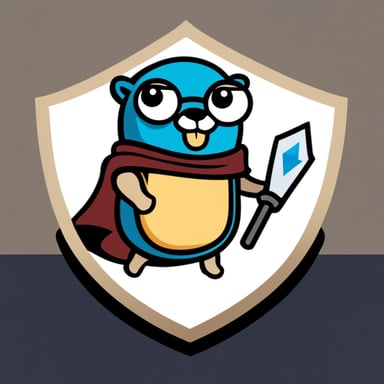 Go Blue Gopher, battle-hardened, wields the Kubernetes logo as a shield.
