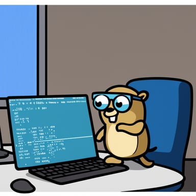 Go Blue Gopher sits at a desk in front of a terminal, hacking on some code. Coffee cup nearby. Binary in the background, giving it Matrix vibes. Serious face, not goofy.