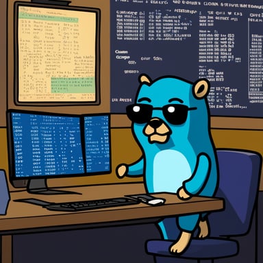 Go Blue Gopher sits at a desk in front of a terminal, hacking on some code. Coffee cup nearby. Binary in the background, giving it Matrix vibes. Serious face, not goofy.