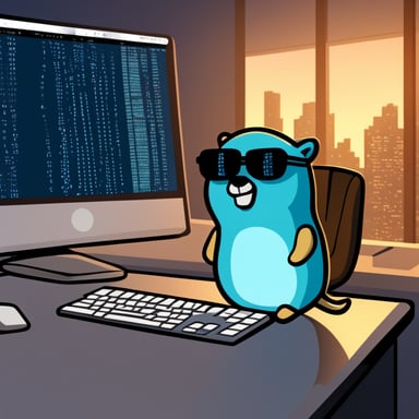 Go Blue Gopher sits at a desk in front of a terminal, hacking on some code. Coffee cup nearby. Binary in the background, giving it Matrix vibes. Serious face, not goofy.