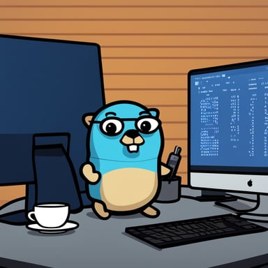 Go Blue Gopher sits at a desk in front of a terminal, hacking on some code. Coffee cup nearby. Binary in the background, giving it Matrix vibes. Serious face, not goofy.