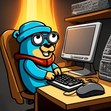 Go Blue Gopher crazed on Go going wild at a keyboard, hacking bugs into the mainframe.