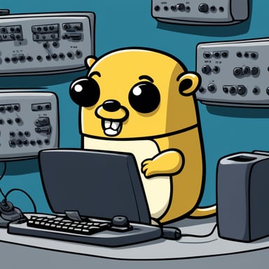 Go Blue Gopher crazed on Go going wild at a keyboard, hacking bugs into the mainframe.