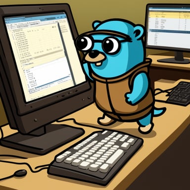 Go Blue Gopher crazed on Go going wild at a keyboard, hacking bugs into the mainframe.