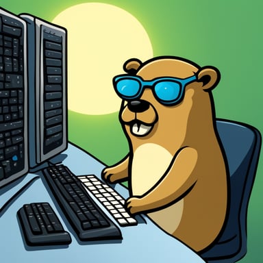 Go Blue Gopher crazed on Go going wild at a keyboard, hacking bugs into the mainframe.