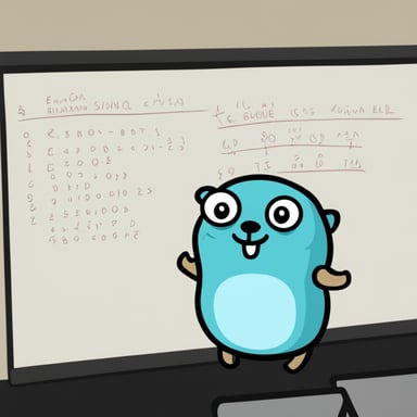 Go Blue Gopher explaining code in front of a whiteboard