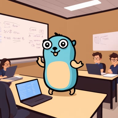 Go Blue Gopher explaining code in front of a whiteboard