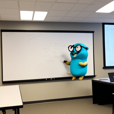 Go Blue Gopher explaining code in front of a whiteboard