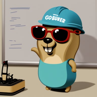 Go Blue Gopher explaining code in front of a whiteboard