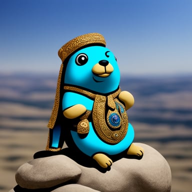 A Go Blue Gopher wearing traditional Kurdish clothing sitting on a rock.