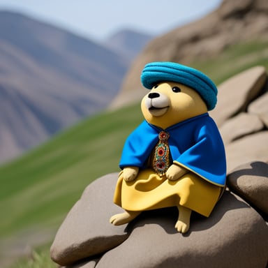 A Go Blue Gopher wearing traditional Kurdish clothing sitting on a rock.