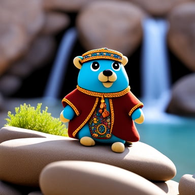 A Go Blue Gopher wearing traditional Kurdish clothing sitting on a rock.