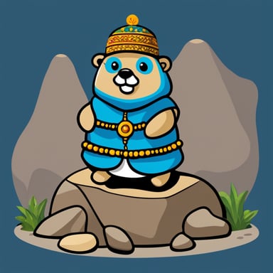 A Go Blue Gopher wearing traditional Kurdish clothing sitting on a rock.