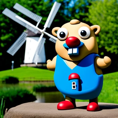Go Blue Gopher wears clogs and sports a Dutch flag in red, white, and blue, proudly standing next to a green windmill, symbolizing sustainable power generation in Rotterdam.