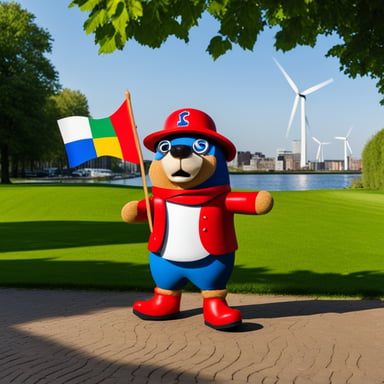 Go Blue Gopher wears clogs and sports a Dutch flag in red, white, and blue, proudly standing next to a green windmill, symbolizing sustainable power generation in Rotterdam.
