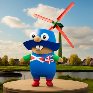 Go Blue Gopher wears clogs and sports a Dutch flag in red, white, and blue, proudly standing next to a green windmill, symbolizing sustainable power generation in Rotterdam.