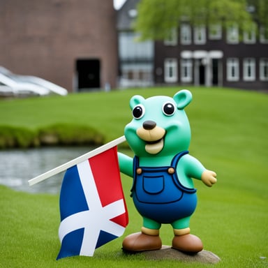 Go Blue Gopher wears clogs and sports a Dutch flag in red, white, and blue, proudly standing next to a green windmill, symbolizing sustainable power generation in Rotterdam.