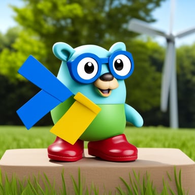 Go Blue Gopher wears yellow clogs and sports a Dutch flag in red, white, and blue, proudly standing next to a green windmill, symbolizing sustainable power.