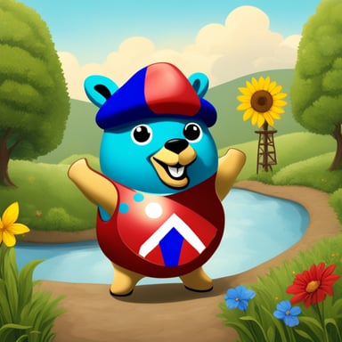 Go Blue Gopher wears yellow clogs and sports a Dutch flag in red, white, and blue, proudly standing next to a green windmill, symbolizing sustainable power.