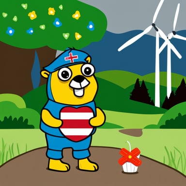 Go Blue Gopher wears yellow clogs and sports a Dutch flag in red, white, and blue, proudly standing next to a green windmill, symbolizing sustainable power.
