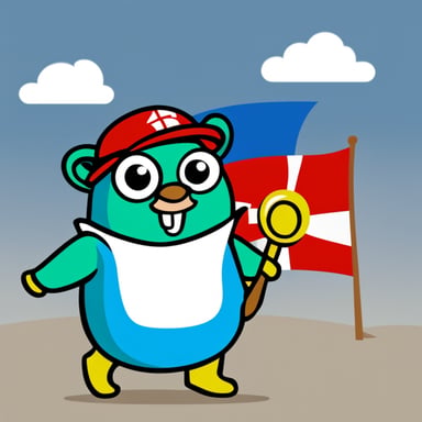 Go Blue Gopher wears yellow clogs and sports a Dutch flag in red, white, and blue, proudly standing next to a green windmill, symbolizing sustainable power.