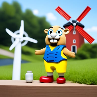 Go Blue Gopher wears yellow clogs and sports a Dutch flag in red, white, and blue, proudly standing next to a windmill, symbolizing sustainable power generation.