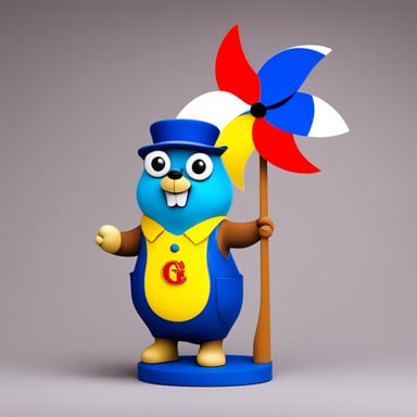 Go Blue Gopher wears yellow clogs and sports a Dutch flag in red, white, and blue, proudly standing next to a windmill, symbolizing sustainable power generation.