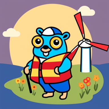 Go Blue Gopher wears yellow clogs and sports a Dutch flag in red, white, and blue, proudly standing next to a windmill, symbolizing sustainable power generation.