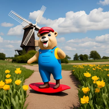 Go Blue Gopher wears yellow clogs and sports a Dutch flag in red, white, and blue, proudly standing next to a windmill, symbolizing sustainable power generation.