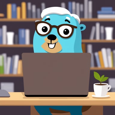 Go blue gopher with grey hair and brown beard sitting behind laptop.