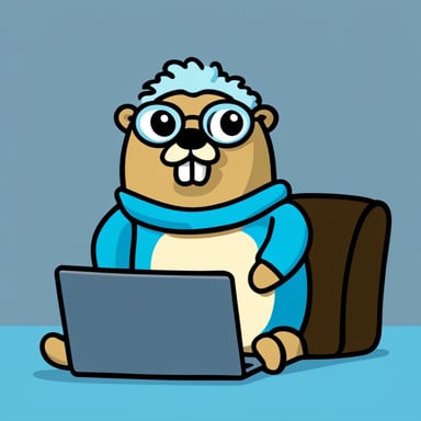 Go blue gopher with grey hair and brown beard sitting behind laptop.