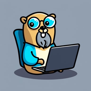 Go blue gopher with grey hair and brown beard sitting behind laptop.