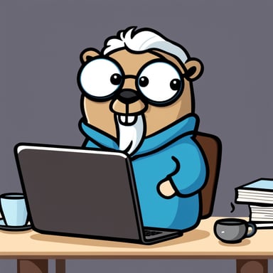 Go blue gopher with grey hair and brown beard sitting behind laptop.