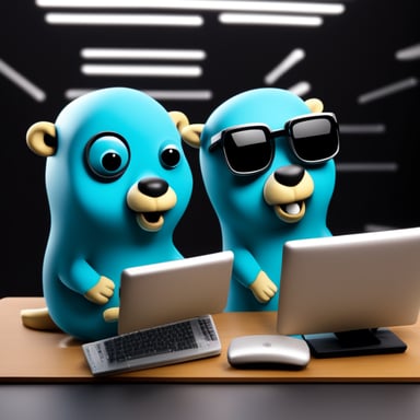 A photorealistic image of two go blue gophers doing programming.