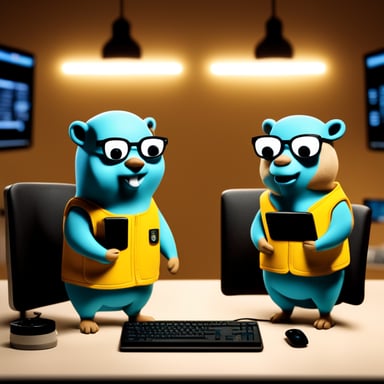 A photorealistic image of two go blue gophers doing programming.