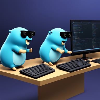 A photorealistic image of two go blue gophers doing programming.