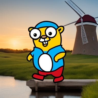 Go Blue Gopher, like the Golang logo, wears yellow clogs and sports a Dutch flag in red, white, and blue, proudly standing next to a windmill, symbolizing sustainable power generation.