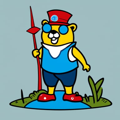 Go Blue Gopher, like the Golang logo, wears yellow clogs and sports a Dutch flag in red, white, and blue, proudly standing next to a windmill, symbolizing sustainable power generation.